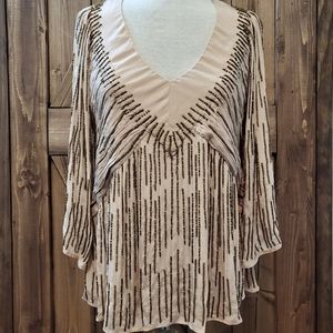 Love Sam Beaded V-Neck Butterfly Sleeve Beige Blouse Sz L
